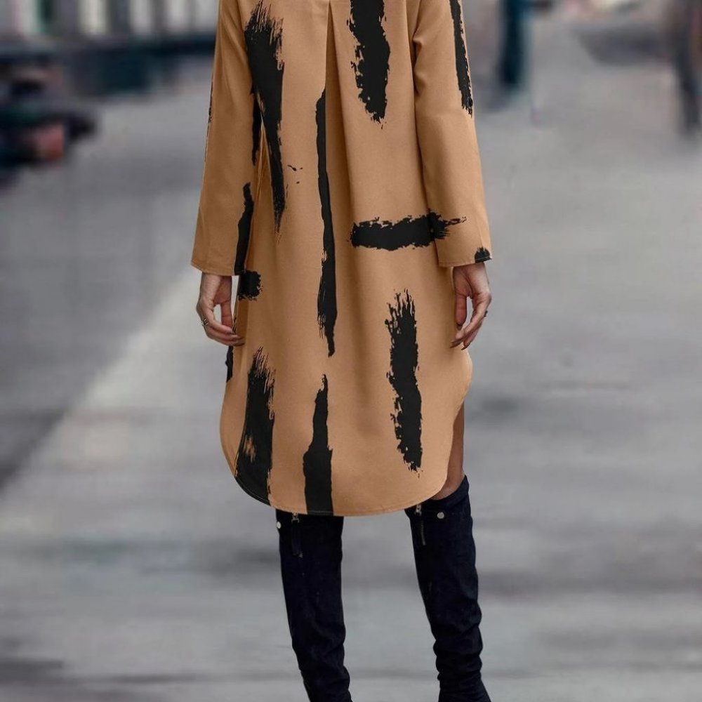 High Low Hem Roll Up Sleeve Brush Print Dress - Picture 3 of 4